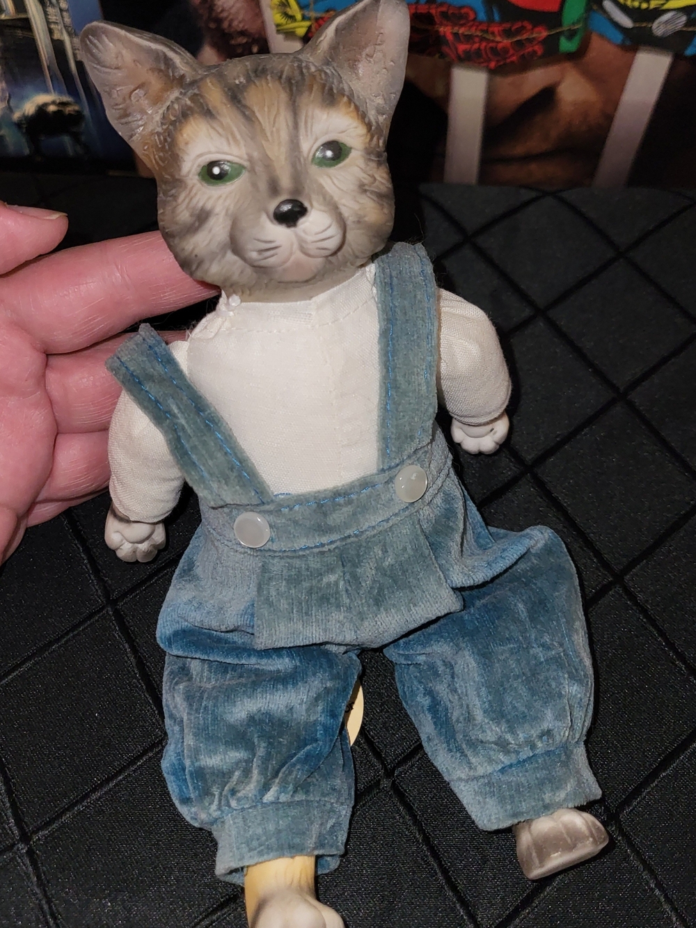 Vintage Cat Porcelain  Plush Figurine in Blue Overalls, 86 House Of Global Art